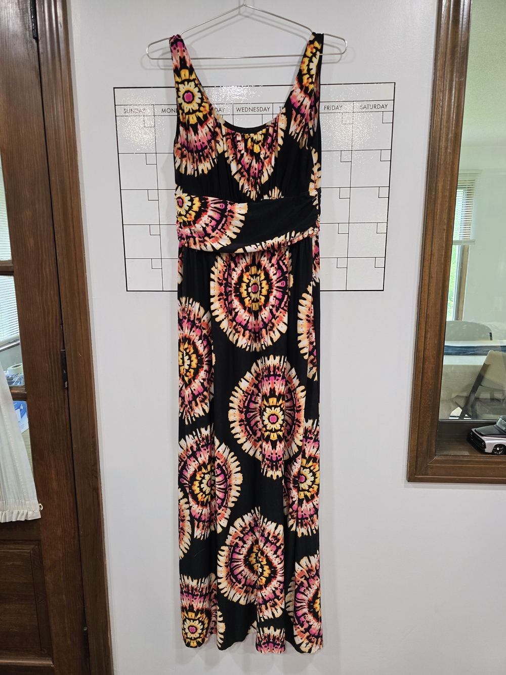 AB Studio Black Maxi Dress with Pink and Yellow Floral Medallions